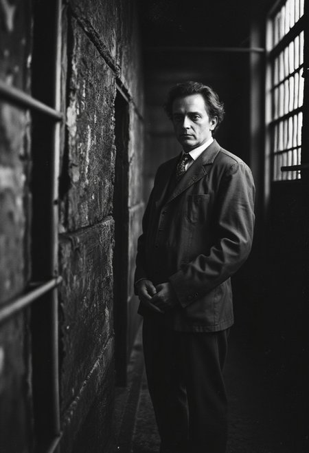 Oscar Wilde in his cell picking oakum in Newgate prison in 1895 .  He is aged 41. His face is lined and and tired and ugly. Standing watching him is a beautiful 19yr old young man. The young man is Dorian Gray