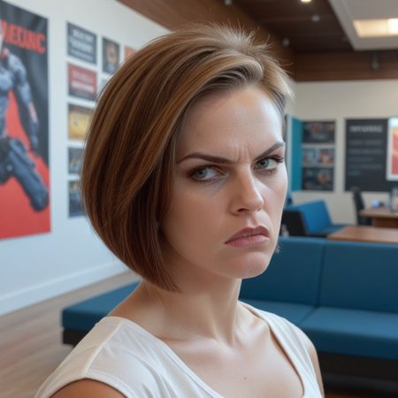 Score_9, score_8_up, 1girl, karen, asymmetrical bob haircut, angry, ugly, retail background