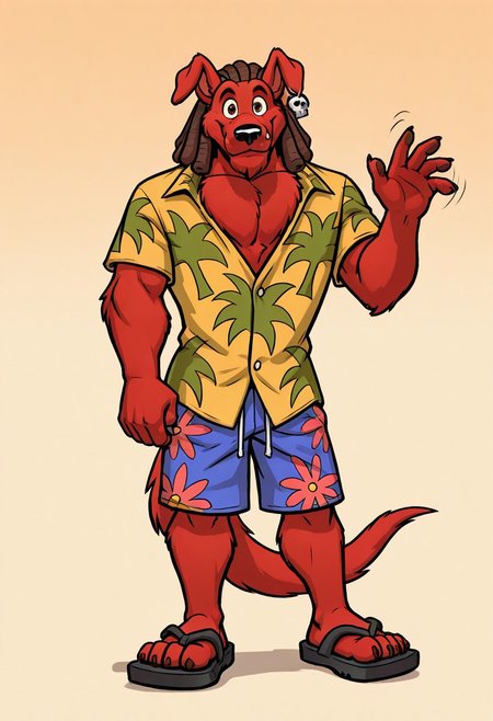 masterpiece, ultra detailed, amazing quality, absurdres, very aesthetic, no humans, solo focus, male focus, furry male, 1boy, 
d_w0lf_mon, red fur, red body, body fur, elbow tuft, brown hair, dreadlocks, brown eyes, long snout, black nose, single earring, skull earring, smile, fangs, looking at viewer, closed mouth, wide-eyed, facial hair, chin tuft, wrinkles, mature male, droopy ears, muscular, chest tuft, pectoral cleavage, yellow shirt, collared shirt, hawaiian shirt, palm tree print, short sleeves, partially unbuttoned, blue shorts, swimming trunks, floral print shorts, hand up, waving, finger claws, arm at side, tail, standing, cocked hip, contrapposto, sandals, toe claws, perfect hands, perfect feet, 5 fingers, 4 toes, from front, 
BREAK 
simple background, gradient background, perfect lighting, shadow,