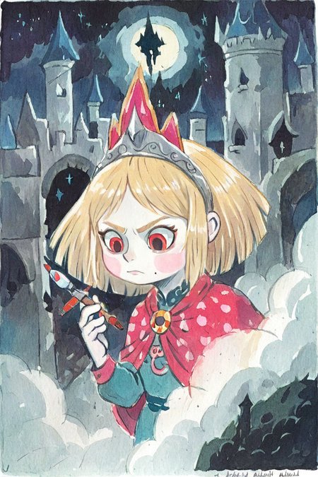 1girl,(blonde hair:1.2),princess,(solo:1.5),(dark night:1.3),castle,underground,ameli,portrait, 
traditional media, painting (medium), white border
<lora:Perfect Hands:1> <lora:age_slider_v4:-2> <lora:Ameli:0.8>, score_9, score_8_up, score_7_up, score_6_up, score_5_up, score_4_up,zPDXL