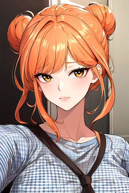 (masterpiece:1.2), best quality, 1lady, double hairbun, pastel orange hair, white eyes,| goddess, yellow color tiefront shirt, gingham,  shirt, <lora:my_friends:0.5>, looking at viewer,
