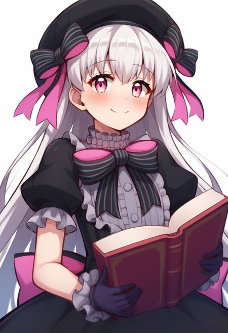 score_9,score_8_up,score_7_up,<lora:fate_extra_all:1>,1girl, character: nursery_rhyme_(fate), lolita_fashion, solo, simple_background, white_background, holding, holding_book, looking_at_viewer, blush, nose_blush, smile, closed_mouth, hair_between_eyes, pink_eyes, long_hair, very_long_hair, white_hair, black_dress, black_gloves, dress, gloves, hat, hat_bow, black_bow, bow, puffy_short_sleeves, puffy_sleeves, short_sleeves, striped_bow, beret, blinking, book, gothic_lolita, open_book, animated, black_hat, commentary_request, ugoira