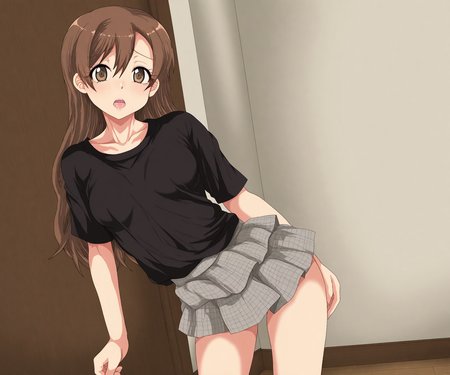 masterpiece, best quality, amazing quality, sfw, 1girl, solo, looking at viewer, shirt, , skirt,  open mouth, standing,   <lora:Kuroo style ILL:1> kuroo_style