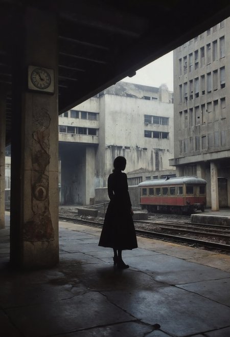 A photo of the interior of a large train station set in the 80's built in a brutalist architectural style. Its walls are moldy and decayed, and in some places the facade has fallen and chipped away. The roof is made of tiled glass which lets a sickening light coming through. Some old fashion trains are visible. All platforms are empty except the silhouette of a woman. She is standing next to a column which has a clock on top of it. The atmosphere is gloomy and desolate. 