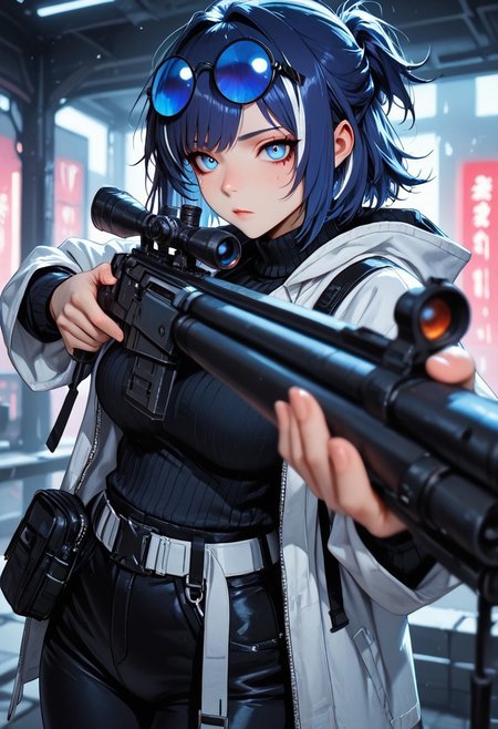 highres, very detailed, amazing quality, masterpiece,
very aesthetic,
particle effect,
1girl, Andreana from Arknights, large breasts, curvy, short hair, streaked hair, blue hair, white hair, short ponytail, blue eyes, round eyewear on eyes, blue-tinted eyewear, white jacket, hooded jacket, hood down, open jacket, layered sleeves, short over long sleeves, black sweater, turtleneck sweater, black pants, white belt, black bag, fanny pack,
Aiming a sniper, holding a sniper rifle, looking at viewer, 
Close up, depth of field, ray_tracing, cowboy shot, extreme foreshortening, very aesthetic, cinematic,