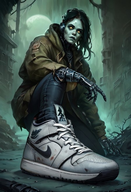 score_9, score_8_up, score_7_up, w4rh4mm3r style oil painting, grimdark, 18 year old female cyborg, eerie horror background, foggy, hud_sh03_sh0w, foreshortening, looking at viewer, sneakers, Nike, wearing cybernetic sneakers, mechanical arms