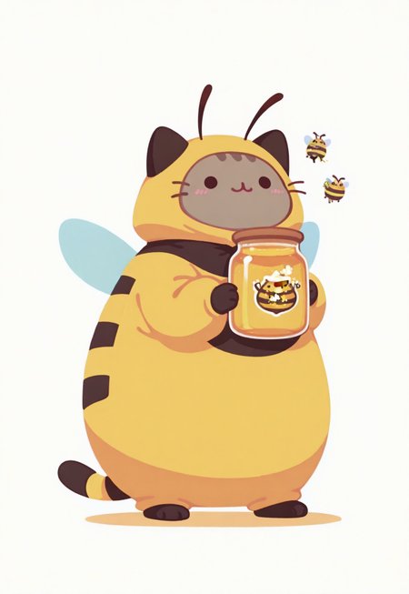 1 cat , Pusheen, bumblebee costume , honey jar , hand in honey jar , cute , happy , bee antenna , bee wings ,

masterpiece, best quality ,amazing quality ,haiz_ai , no lineart ,no outline, vfaix,