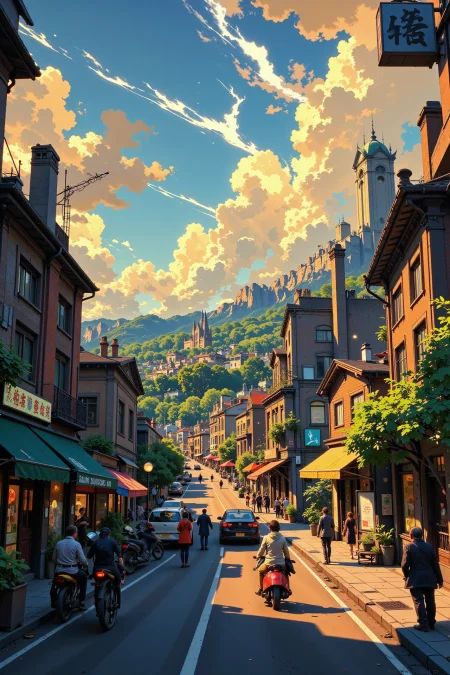 busy street beautiful  landscape, cloudy sky, woman, very intricate, very detailed, sharp, bright, colorful, <lora:Hand v2:0.5> <lora:Anti-Blur:1><lora:Insane Detail Slider:0.25>  <lora:flux.1_lora_flyway_Epic-detail_v2:0.3> <lora:fluxenhancer:0.25> <lora:ROWER:0.8> <lora:Anime art - Variant 3:0.6> Anime art
