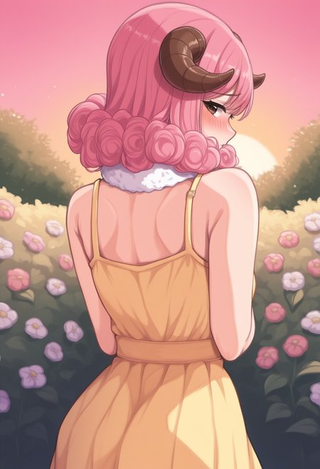masterpiece, best quality,  <lora:NSAriesFairyTail:1> NSAriesFaiTai, brown eyes, horns, pink hair, medium hair, hair curls, fur collar, white collar, yellow sundress, from behind, looking back, shy, blush, garden, flowers, pink sky, sunset