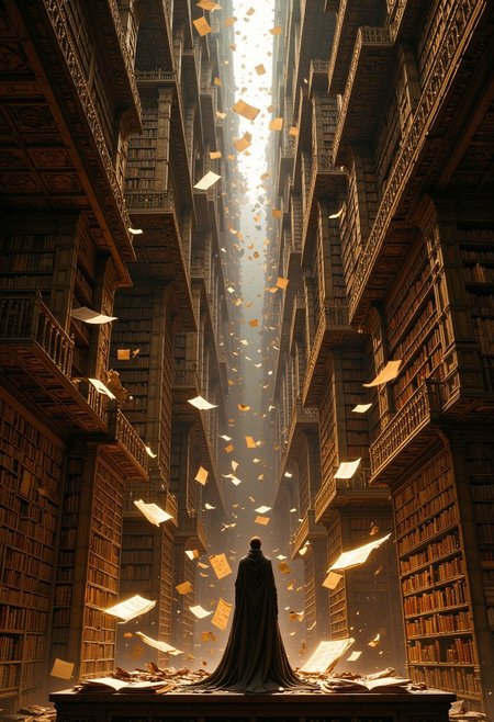 a fantastical library scene. The style is surreal and imaginative, with towering bookshelves that appear to float and extend infinitely upwards. The layout is vertical, emphasizing the height and grandeur of the library. The subject is a lone figure standing on a platform, wearing a long, flowing cloak that billows dramatically. The figure is positioned with their back to the viewer, gazing up at the towering shelves. The scene is filled with flying pages and books, adding a sense of motion and chaos. The color palette is warm, with golden and brown tones dominating, creating a mystical and ancient atmosphere. Light filters through the shelves, casting soft shadows and highlighting the dust particles in the air, enhancing the ethereal quality of the scene.
