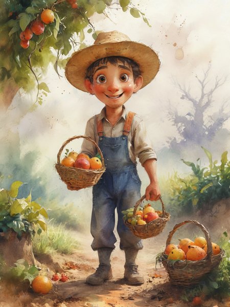 A full bodyA farmer with a fruit basket in his hand-ilustration watercolor cartoon-mysterious -illustration for childrens-whitout background,  <lora:Cute_3D_Cartoon:0.8>,  <lora:Desolation:0.5>