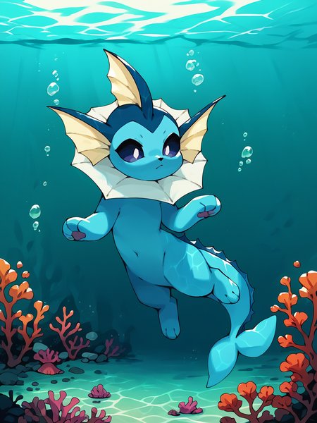 score_9, score_8_up, score_7_up, score_6_up, score_5_up,  <lora:bkomadoriXLP:1> bkomadori, solo, vaporeon, underwater,