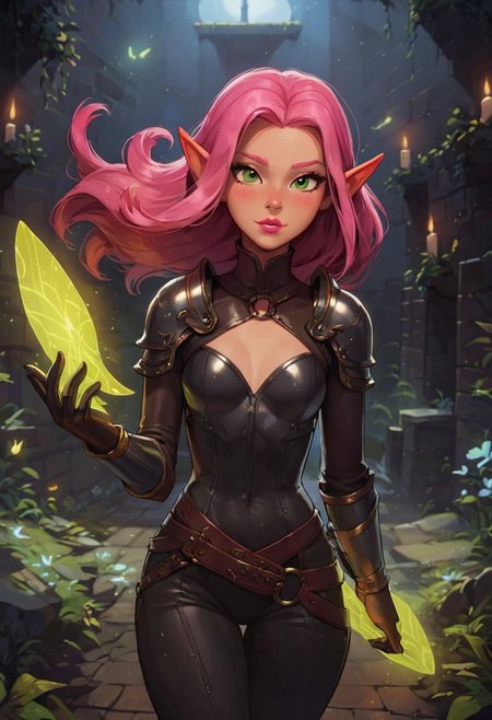 safe_pos, score_9, score_8_up, score_7_up, pov from the side, dynamic pose, beautiful, pink hair, female elf, glowing green eyes, long hair, small breasts, pink lipstick, dark black leather armor, holding enchanted shortsword, dungeon background,
BREAK
(((fully clothed)))