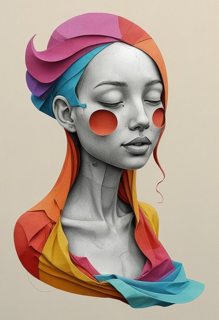 Minimalist monochromatic sculpture emphasizing form and negative space, Surreal digital art, partially naked smiling Eco-conscious nomads, inviting look, mimicking position, windy colorful fabric, <lora:Graphic_Portrait_v2:0.6> pop surrealism, pop art, drawing, painting ,  <lora:linquivera:0.4> linquivera, liiv1 <lora:XSfenlie:0.4> fenliexl, mixed media, surrealism, <lora:Isometric Cutaway:0.4> Isometric Cutaway page, <lora:add-detail-xl:2>