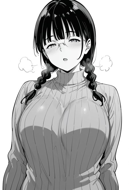 score_9, score_8_up, score_7_up, source_anime, simple background, white background, monochrome, greyscale, 
1girl, solo, Alp, miyoshi, long hair, bangs, braid, glasses, twin braids, huge breasts, mature woman, long sleeves, vertical sweater, sweater dress, waist, groin, getting very close, upper body, breath, cowboy shot, 
looking at viewer, moaning, 
<lora:ringoya-miyoshi-manga-ponyxl-lora-nochekaiser:0.6> <lora:Alp:0.4> manga_style, <lora:Saeki_Shun_Tosh_Style:0.4>