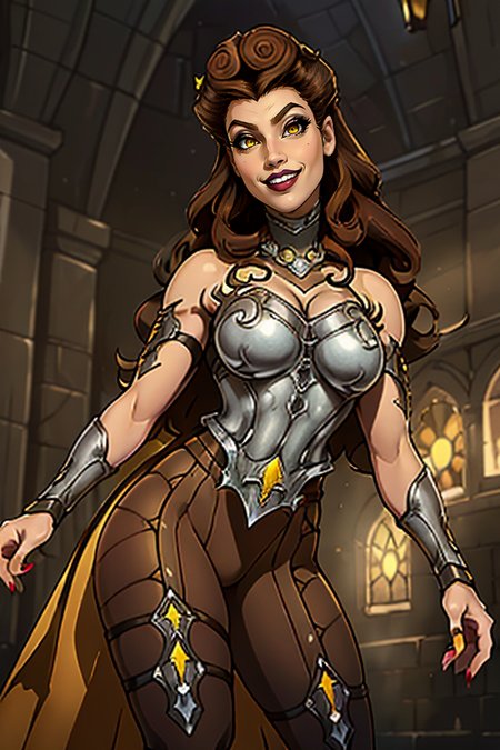 masterpiece,best quality,extreme detail,8k,image sharpness,<lora:lilith-10:0.8>,lilith2,1girl,solo,long hair,breasts,smile,brown hair,cleavage,bare shoulders,medium breasts,yellow eyes,nail polish,armor,blurry,lips,makeup,lipstick,breastplate,vambraces,bracer,gorget,