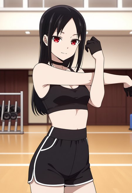 anime screencap, masterpiece, best quality,
<lora:Kaguya-samaWaKokurasetai_ShinomiyaKaguya_IlluXL:0.9>,
1girl, solo, light smile,
straight hair, parted bangs, black hair, red eyes, no pupils,
black choker, black sports bra, cleavage, small breasts, half gloves, black gloves, high-waist shorts, short shorts, black shorts, 
stretching, looking at viewer, cowboy shot,
gym, photo background, blurry background