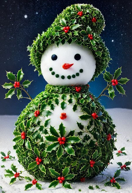 M1STL3T03, (medium full shot) of A snowman made of holly mistletoe, set in the meadow, under the moonlight, stars, , best quality, masterpiece