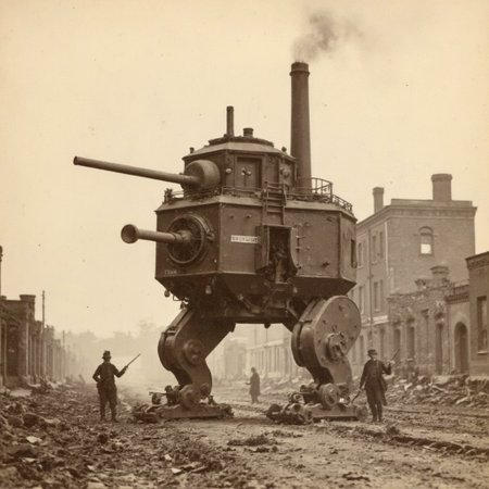 An aged worn sepia monochrome 1800s photograph of a steam powered mecha, turret with large canon, armless, no arms, walking robot, smokestacks up top, thick black smoke, walking through a war-damaged city, Civil War era soldiers with rifles scouting