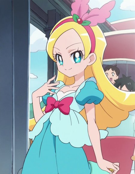 score_9, score_8_up, score_7_up, 1girl, solo, anime screencap, kiraboshiciel, hairband, smile, looking at viewer,  blue dress, hair ornament,  puffy sleeves, skirt, zettai ryouiki,   cowboy shot,small breasts,<lora:kiraboshiciel:0.8>