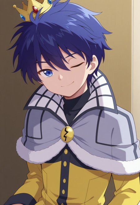 masterpiece,best quality,amazing quality, source_anime, 
sheido, 1boy, male focus, solo, blue eyes, blue hair, crown, shirt, black shirt, turtleneck, capelet, grey capelet, coat, yellow coat,  smile, one eye closed, 
indoor,