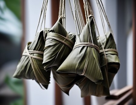A Chinese-style mazon (zongzi), wrapped and hung, possibly with bamboo leaves or other traditional materials. The wrapping is neat and secure, and the hanging arrangement adds a touch of authenticity, often seen in traditional preparation or display. The setting could be a kitchen, market stall, or cultural festival, with related elements that enhance the cultural context. The scene should be as realistic as a high-resolution photograph, with natural and inviting lighting that highlights the details of the mazon and the texture of the wrapping.<lora:mazon:0.65> ,rope