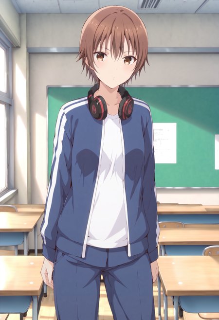 score_9, score_8_up, score_7_up, source_anime, 
BREAK,
 <lora:ninomae_kanade_ponyXL_v1:1> ninomae kanade, brown hair, short hair, brown eyes, 1girl, solo, headphones around neck, track jacket, pants, looking at viewer, classroom, standing,