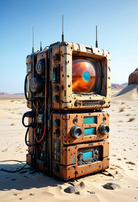 ultra high resolution, masterpiece, best quality, a sci-fi ,  desert, A (rusty) and (broken) retro computer buried in the sand, in the style of hyper realistic photography. evi@decrepPunk, no human