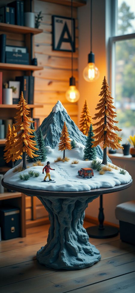 (indoor,very wide isometric view,tilt-shift lens:1.6), (windowless,fna_style,miniature,miniature,diorama,miniature,diorama,PVC,plastic:2),sunset snow,forest,slope with mountain,ski,snowboard  at (floating island,levitating  island:1.5) on (table:2) at (attic:2.5)   <lora:Diorama_Flux:1>
<lora:Fantasy_Novel_Art_Style:1>