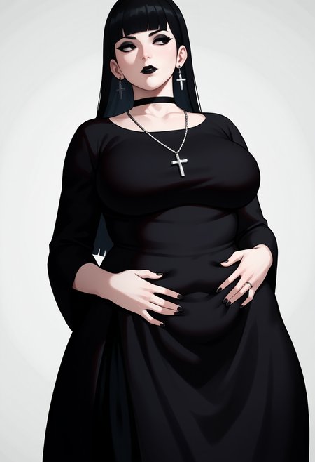 score_9,score_8_up,score_7_up,
BREAK
1girl, black hair, long hair, straight hair, blunt bangs, adult, mature, black eyes, long eyelashes, black eyeshadow, black lips, black choker, half-closed eyes, looking away, pale skin,
BREAK
solo, hands on stomach, large breasts, skinny, black dress, black long dress, cross necklace, cross earrings,
BREAK
white background, simple background, dynamic pose, dynamic angle, angled shot, <lora:Lunas-Forastero-SDXL-A1:1>