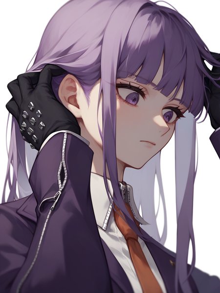 score_9,score_8_up,score_7_up,<lora:danganronpa_all:1>,1girl, character: kirigiri kyoko, solo, simple background, white background, upper body, looking down, purple eyes, adjusting hair, long hair, purple hair, black gloves, collared shirt, purple jacket, necktie, highres, muted color