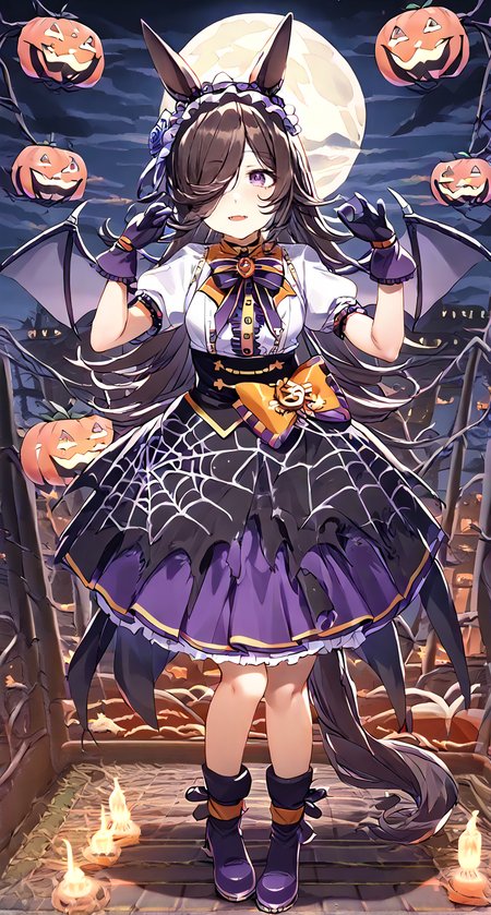 score_9,score_8_up,score_7_up,
official art,official style,game cg,megami magazine,
1girl,
rcs race,rice shower (umamusume),
rcs muv,rice shower (make up vampire!) (umamusume),rice shower (umamusume),
animal ears,bangs,bat wings,black bow,black bowtie,black skirt,
blue flower,blue rose,blush,boots,bow,bowtie,brooch,brown hair,
center frills,collared shirt,dress,eyebrows visible through hair,
flower,frilled hairband,frills,gloves,hair flower,hair ornament,hair over one eye,
hairband,halloween,high-waist skirt,horse ears,horse girl,horse tail,
jewelry,layered skirt,long hair,official alternate costume,orange bow,
puffy short sleeves,puffy sleeves,purple bow,purple eyes,purple footwear,purple gloves,
purple hairband,purple skirt,rose,shirt,short sleeves,skirt,spider web print,tail,violet eyes,white shirt,
standing, full body, 
<lora:umamusume_rice_shower_pony_v1:1>,