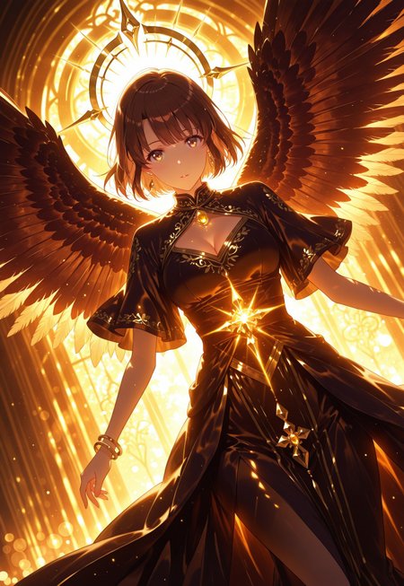 safe_pos, safe_pos, Dynamic pose, dutch angle, (close up shot), cinematic framing, (digital painting:0.8), (aura:0.2), mythp0rt, bokeh, (luminescent background:0.8), 

elegant, masterpiece, best quality, highly detailed, high contrast, dramatic shadows, raytracing,

golden gates in the background, elegant high slit white and gold dress, intricate embroidery, cleavage, golden jewelry, massive wings, glowing golden halo, divine light, feathers floating in the air, divine pose, heavenly atmosphere, looking at viewer,

 (solo), 1girl,Megumi <lora:IL-KatoMegumi:0.8>,brown hair,katou megumi,brown eyes,medium breasts,short hair, ((detailed eyes))