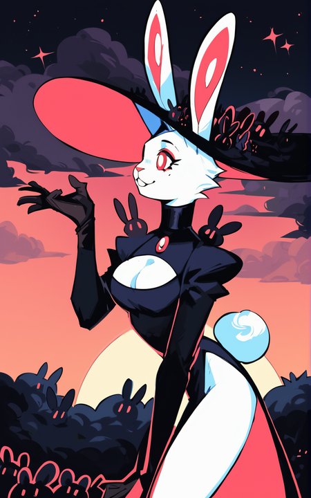 score_9, score_8_up, score_7_up,((best quality)), absurdres, <lora:BolivanteStyle:0.8>,  <lora:BunWitchPXL:0.8>,BunWitchPXL,hat, black dress, dress, cleavage, clothing cutout,side slit, black headwear,rabbit tail,cleavage cutout,long sleeves,red eyes, gloves,black gloves,black footwear, rabbit ears,furry, rabbit, rabbit girl, furry female, long dress,white fur, ears through headwear, animal nose,slim, moon, side view, night, black sky, clouds,smile