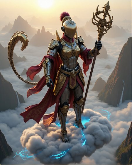 score_9, score_8_up, score_7_up, source_realistic, hyper-realistic details, ultra-HD textures, high quality v3, masterpiece, Fantasy detailers,aidmaMJ6.1
A steampunk female faceless cyborg mannequin reimagined as Wukong, the legendary Monkey King, standing on a cloud high above the sky. Her sleek metallic body is adorned with intricate brass and copper engravings, exposed gears, and flowing energy lines resembling ancient calligraphy. A long, mechanical tail, reinforced with golden plating and segmented like a chain, moves with agility behind her. She wears luxurious oriental royal samurai-inspired armor, featuring a red and gold embroidered robe layered over plated shoulder guards, intricate leather straps, and a high-collared chest piece adorned with dragon motifs. 
In her hands, she wields a long steampunk staff, its segmented brass body extending and contracting with intricate rotating gears and glowing runes along its surface. Her faceless head reflects the golden sunlight as she soars above distant mountaintops.  
- Towering mist-covered mountains stretch below, with waterfalls cascading into the clouds.  
- The sky is filled with soft golden hues as the sun pierces through layers of swirling mist.  
- Ethereal blue energy trails behind her cloud, leaving glowing lines in the air.  
- A stunning fusion of Chinese mythology and intricate steampunk craftsmanship.  
- Hyper-detailed rendering of metallic textures, flowing fabric, and glowing energy effects.  
- A dynamic composition, capturing movement, divine power, and a legendary warrior’s fearless spirit.