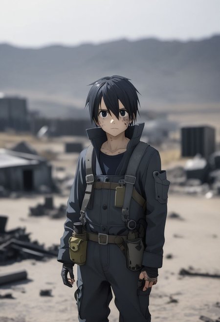 high resolution, professional photography, best quality, 1Boy, Kirigaya Kazuto, Black Hair, Black Eyes, overalldetail, shallow depth of field, Post-Apocalyptic, survival