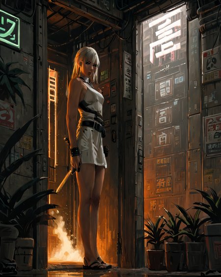 a woman standing in a doorway of a building with a plant in the background and a sign on the door, Atey Ghailan, gloomy atmosphere, cyberpunk art, context art
 sword, 1girl, solo, upper body, looking at viewer, white background, bob cut, long blonde hair, multicolored hair, makeup, parted lips, eyeliner, <lora:guweiz:0.8>
epic realistic, (dark shot:1), 1girl, ninja floating, textured clothing,
smoke, (((sandstorm))), (flying stone), (((dust explosion:1))), wind,
blonde hair, smile, shy smile, high heels, earring, collar, (white dress:1.5),
(masterpiece, high quality, best quality:1.3), (natural shadows, detailed shadows:1.5), (hyperrealism, soft light, sharp),
detailed eyes, detailed hair, detailed skin, 8k, (cinematic look:1.4), insane details, intricate details, hyperdetailed <lora:JuggerCineXL2:0.7>