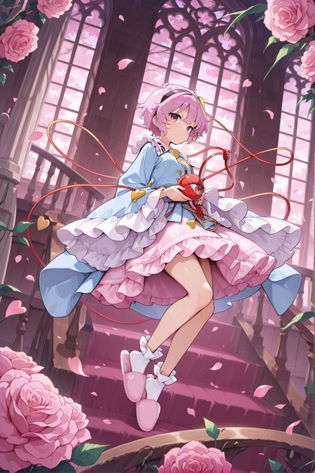absurdres, highres, masterpiece, best quality, amazing quality, official anime artwork, screencap, anime screencap, looking at viewer, indoors, window, petals, dynamic pose, stairs, 
 <lora:Komeiji-Satori_IllustriousV2:1> komeiji satori, 1girl, solo, pink eyes, pink hair, short hair, third eye,, black hairband, heart hair ornament, blue shirt, long sleeves, frilled sleeves, wide sleeves, heart button, yellow buttons, pink skirt, frilled skirt, white socks, pink slippers, rose, flower, holding,