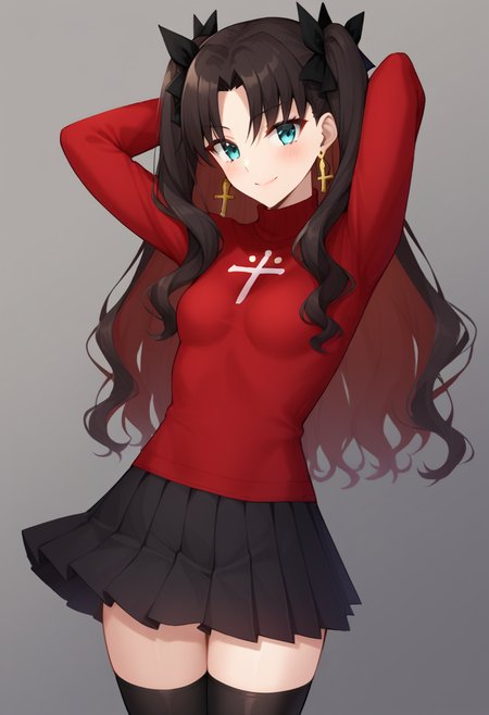 score_9,score_8_up,score_7_up,<lora:fate_extra_all:1>,1girl, character: tohsaka_rin, character: tohsaka_rin_(fate/extra), solo, simple_background, cowboy_shot, arms_up, looking_at_viewer, blush, smile, closed_mouth, lips, aqua_eyes, black_hair, colored_inner_hair, long_hair, multicolored_hair, red_hair, hair_bow, hair_ornament, hair_over_shoulder, hair_ribbon, small_breasts, breasts, thighs, black_skirt, pleated_skirt, print_sweater, red_sweater, skirt, sweater, thighhighs, turtleneck_sweater, black_ribbon, bow, jewelry, long_sleeves, ribbon, sleeves_past_wrists, turtleneck, zettai_ryouiki, earrings, gold_earrings, highres, cross, latin_cross