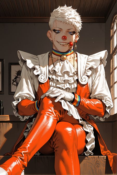 score_9, score_8_up, score_7_up,
 <lora:Versus_Style_Pony:0.7> versus_style 
 <lora:Gore_Versus_for_PonyXL:0.8> 1boy, g0re, solo, scar, piercing, jewelry, short hair, earrings, lip piercing, 
clown, clown nose, clown costume, smile, grin, juggling, sitting, indoors, crossed legs,