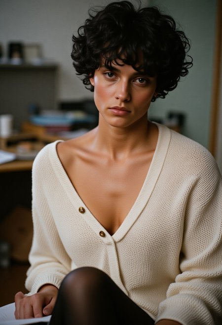 award winning photo, instgram influencer photo. real life photo. photography, turkish woman , young, messy short brunette hair, goddess of office, seductive, full length long white knit sweater that goes down to knees, bare shoulders , cleavage, sitting, black nylon thigh highs, latina body, tanned skin, curvy body, blush, seductive image,serene, untouched beauty, clear, lively, detailed face, upper body accent, seductive lips and makeup , green eyes, seductive look, realistic, background of a fantasy office room ,sfw