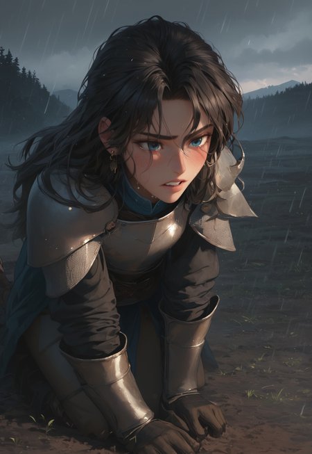 1girl, solo, 24 year old woman, tall, broad, kneeling in the mud:1.4, beautiful, long hair, freckles:1.4, face uplifted:1.6, face turned to sky, chin lifted to sky, earrings, upset:1.5, tears flowing down her face1.5, teeth clenched:1.4, grimacing in pain:1.3, wide hips, knight armor:1.5, bulky armor, gauntlets, greaves, eyes squeezed shut:1.6, leaning back:1.3, arms at her sides, rain falling on her face:1.5, sorrow, tan skin, on knees,

dusk, after battle, muddy field, some grass, fallen soldiers around her:1.4, faceless knights lying in the mud:1.3, storming, dark gray sky, dark sky:1.4, streaming banners, battlefield, intense rain:1.3, dreary, raining, overcast, mountains and hills in the background,

score_9, score_8_up, score_8, masterpiece, best quality, official art, extremely detailed, CG unity 8k wallpaper, absurdres, high definition, photorealism:1.5, detailed shading, high contrast, ambient occlusion, vivid colors:1.5, saturated colors:1.6, ray tracing, 

downward angle:1.3, cowboy shot, cinematic, from above,

expressiveh, 