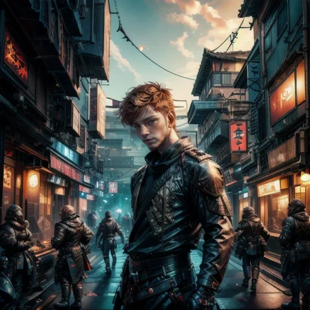a man, action portrait of <lora:dg_Finn_v1:1> dg_Finn as a cyberpunk mercenary <lora:ShinobiTech:0.6>, bulky metal, neon lights, shinobi, shinobitech, (Cyberpunk style :0.8), Neon, dystopian, futuristic, digital, vibrant, detailed, high contrast, reminiscent of cyberpunk genre, (candid photography:0.9), quarter turn,1/4 body pose, upper body view, averted gaze, film grain, high quality, warm colors, colorful, <lora:add_detail:0.8>, <lora:FujiVelvia50:0.35>, <lora:color_temperature_slider_v1:1>, OverallDetail, <lora:Volumetric Lighting_20230531200634:0.2>, volumetric lighting, backlight, rim light, <lora:epi_noiseoffset2:0.25>,