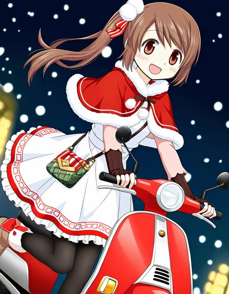 masterpiece, best quality, newest, absurdres, highres, safe, 1girl, yui tsuruno \(delivery ver.\), magia record: mahou shoujo madoka magica gaiden, red capelet, white dress, pink three-quarter sleeves, pantyhose, brown fingerless gloves, solo, open mouth, snowing, scooter, outdoors, dutch angle, <lora:yui_tsuruno_noobaiXLNAIXL_vPred10Version:0.7>