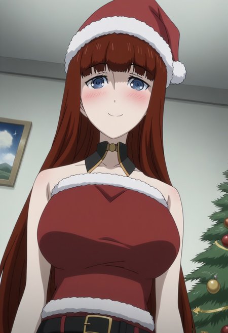 rating_safe, Ultra-high-detailed Anime illustration of Kagari Shiina from Anime Steins;Gate 0. The artwork features Kagari in a solo, face focus, upper body, standing position with a intdoors, indoors, living room with Christmas atmosphere. Gorgeous Christmas tree in background. Night Time..
She is depicted with intricate details showcasing her large breasts, natural_breasts. She is a white skinned, 22 years old woman. Kagari is looking_at_viewer with perfect_eyes, Her pupils are highly detailed. The eyes are open. blue eyes. Kagari's eyes are highlighted. Highlighted eyevrows. 
She has long hair, red colored hair, styled in blunt bangs and floating hair. 
She is wearing a black choker and a Santa dress, strapless crop top, sleevless crop top with bare shoulders.
She is wearing a Santa Hat and red skirt, red pencil skirt with black belt.
The artistic style is intricate_details_xl with a focus on Anime art. The color palette emphasizes red and black with detailed strokes to bring out the character's features. The lighting creates dramatic shadows and highlights, adding depth to the artwork. The perspective is from a face focus, dutch angle to enhance the impact of the character's expression. This masterpiece is a true portrayal of Kagari's complex personality and will captivate any fan of Kagari. uncensored, upper body, blushing, smile, Kagari Shiina, perfecteyes
<lora:Steins_Gate:1>