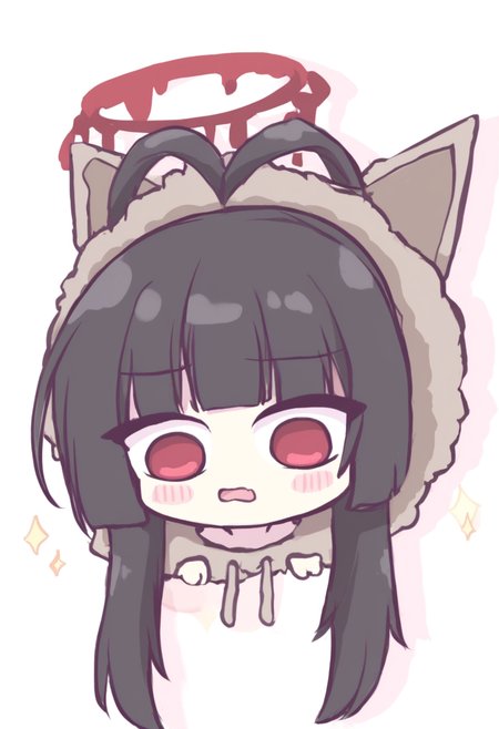 blue archive, tsurugi \(blue archive\), 1girl, animal hood, antenna hair, black hair, blunt bangs, blush, fur-trimmed hoodie, fur trim, halo, hood, hoodie, looking down, portrait, red eyes, sidelocks, solo, white background, masterpiece, best quality, good quality, small breasts, big head, short limbs, cute, big eyes, small mouth, round face, short stature, tiny hands, tiny feet, cute outfit, oversized head, sparkles, blush stickers, simple shading, pastel colors, chibi