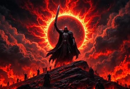 aidmaHyperrealism, aidmafluxpro1.1, aidmaimageupgrader, perfect hands

A colossal black-armored warlord stands atop a mountain of fallen warriors, his massive flaming sword raised high as a blood-red eclipse looms behind him. His obsidian armor is adorned with intricate ancient runes, glowing faintly with a dark energy, his face hidden beneath a battle-worn, spiked helmet. Torn banners of fallen kingdoms whip violently in the stormy winds around him.  

The sky is a chaotic inferno—thick black clouds twisting, lightning crackling, and war horns echoing through the void. Behind the warlord, a ghostly, apocalyptic army rises from the mist, their spectral eyes burning like embers, chanting in unison.  

The foreground is drenched in the warm glow of battlefield fires, casting flickering shadows over blood-soaked ground. Ethereal embers drift through the air, blending into the neon-hued glow of the distant battlefield. The entire scene pulses with **raw power, aggression, and impending destruction**, mirroring the unstoppable energy of the song.  

Cinematic album cover, dark fantasy, hyper-realistic, apocalyptic, heavy contrast, dramatic lighting, ultra-detailed textures, deep red and black color scheme, intense visual impact, 8K resolution.