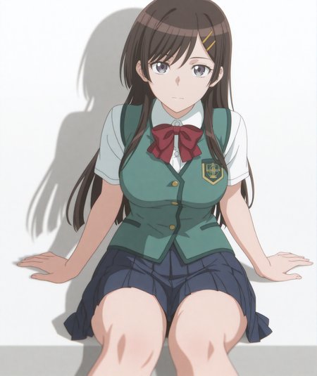 official art, absurdres, highres, anime coloring, hi res, best quality, masterpiece, 2d, intricate details, 4k, shadow,
1girl, solo, female, long hair, bangs, brown hair, black hair, hair ornament, hairclip, black eyes, grey eyes, purple eyes,
breasts, medium breasts, large breasts,
skirt, shirt, bow, school uniform, white shirt, short sleeves, pleated skirt, bowtie, vest, red bow, blue skirt, green vest, buttons, 
looking at viewer, 
depth of field, white background, <lora:Hibiki_Otonashi_(Character)_ILXL:1>
