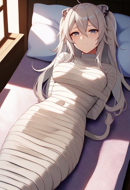 score_9, score_8_up, score_7_up, score_6_up, score_5_up, score_4_up,
shishiro botan, hololive, 1girl, long hair, two side up, ear piercing, lion tail,
solo, indoors, on bed, lying, pillow, straight-on, cowboy shot, on back, 
arms behind back, mummification \(bound\), bandages, restrained, 
<lora:mummyxlpony:1>  <lora:ShishiroBotanPDXL:0.8>