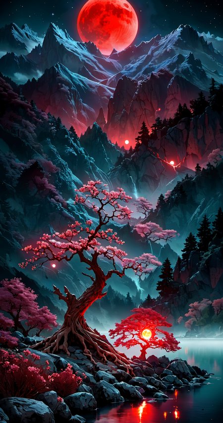 45 megapixel, he ethereal beauty of a mystical landscape under the red moonlight. The scene should be illuminated by a large, radiant moon, casting its glow upon a twisted, yet majestic tree with blossoms that seem to sparkle in the night. The treeâs roots should be deeply embedded into rocky terrain, symbolizing its ancient existence. In the background, towering mountains loom, their peaks veiled in mist. A serene lake at the foot of the mountains reflects the moonâs luminescence. Incorporate elements that evoke a sense of magic and mystery. <lora:bonex:1>